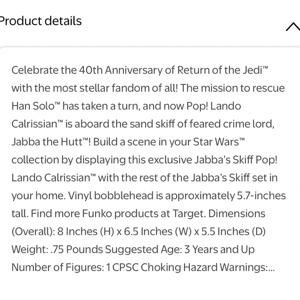 Funko Pop! Deluxe Star Wars Jabba’s Skiff Lando Calrissian # 621 Bobblehead